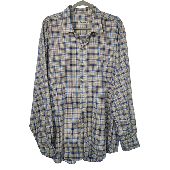 Peter Millar Button Down Shirt Mens XXL Beige Blue Flannel Mountainside Plaid - Picture 1 of 7